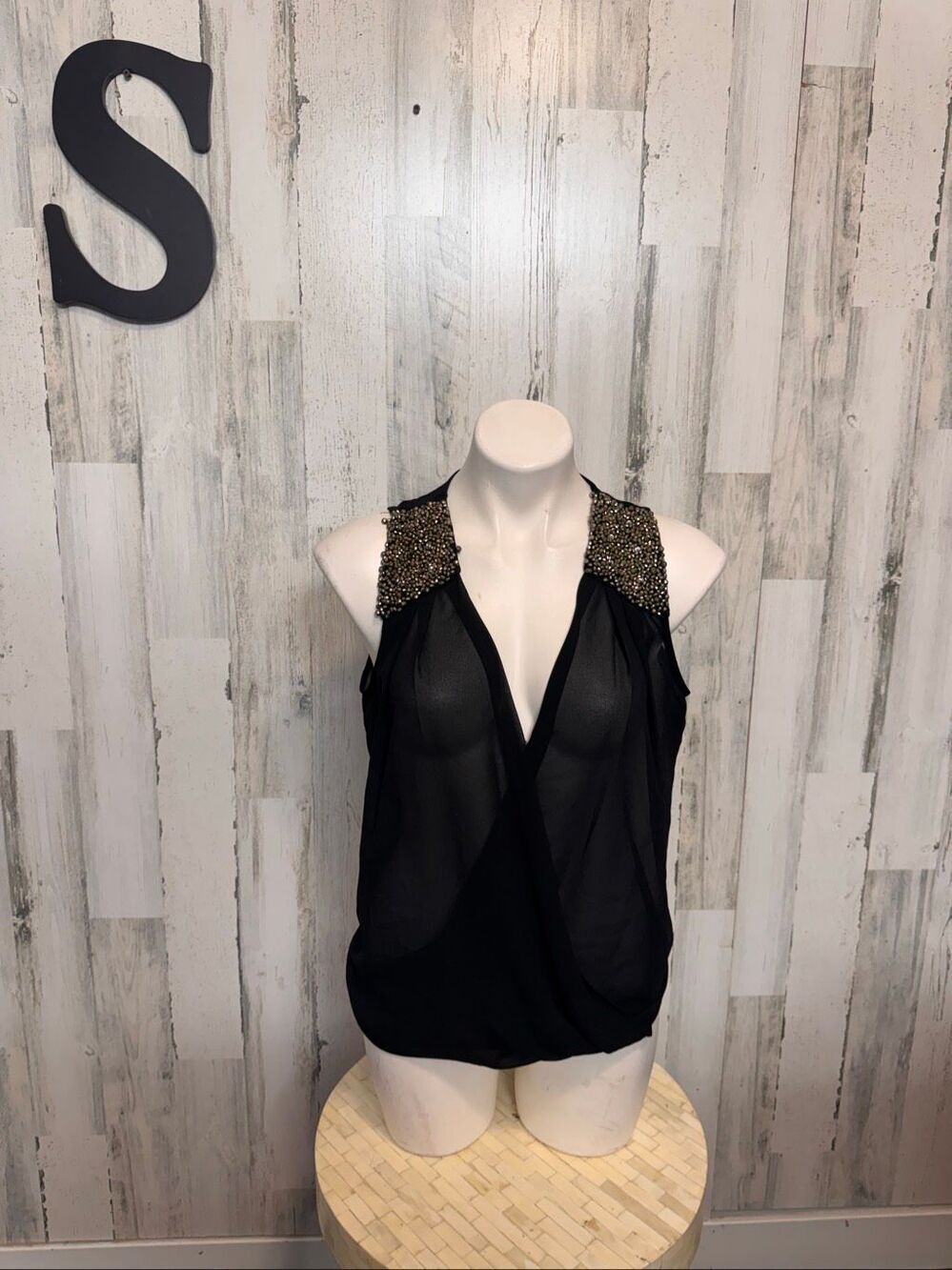 AKIRA Chicago Red Label Beaded Shoulder Drape Top Womens S Black Sheer Chiffon